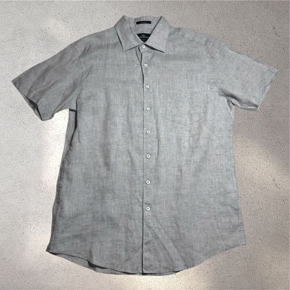 Rodd & Gunn Mens Linen Short Sleeve Shirt XL Light Gray Sports Fit Woven Italy